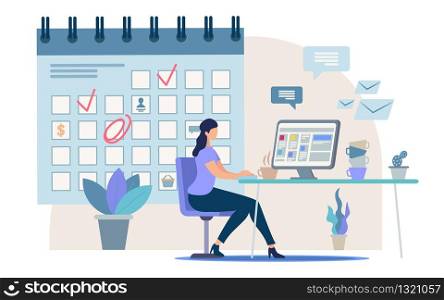 Planning Business Activity, Time Management Flat Vector Concept Businesswoman, Female Office Worker, Company Employee Sitting at Work Desk, Making Tasks and Meetings Reminders in Calendar Illustration