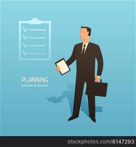 Planning business conceptual illustration with businessman. Image for web sites, articles, magazines.