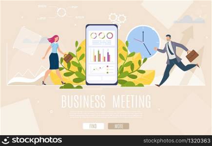 Planning Business Meeting, Companies Partnership and Cooperation Online Service Flat Vector Web Banner, Landing Page. Hurrying Businesspeople, Stock Exchange Data on Cellphone Screen Illustration