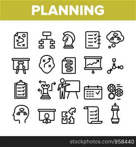Planning Collection Elements Vector Icons Set Thin Line. Chess Figures And Presentation, Mechanism Gears And Presenting Strategic Planning Concept Linear Pictograms. Monochrome Contour Illustrations. Planning Collection Elements Vector Icons Set