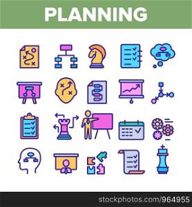 Planning Collection Elements Vector Icons Set Thin Line. Chess Figures And Presentation, Mechanism Gears And Presenting Strategic Planning Concept Linear Pictograms. Color Contour Illustrations. Planning Color Elements Vector Icons Set