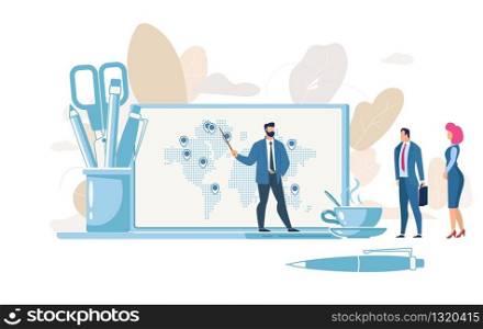 Planning Company Growth, Presenting Successful Business Strategy, Analyzing Logistics Chains Online Flat Vector Concept with Businessman Pointing on World Man with Pins on Laptop Screen Illustration