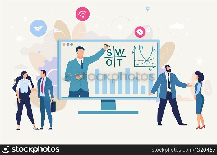 Planning Company Strategy, Presentation Investment Project, Analyzing Financial Indicators, Marketing Data Flat Vector Concept. Communicating Businesspeople, Analyst Presenting Report Illustration