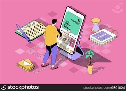 Planning concept in 3d isometric design. Man making appointment using mobile app calendar, work with task list, reminders and notes. Vector illustration with isometry people scene for web graphic