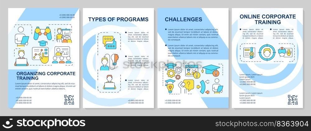 Planning corporate training program blue brochure template. Issues. Leaflet design with linear icons. Editable 4 vector layouts for presentation, annual reports. Arial, Myriad Pro-Regular fonts used. Planning corporate training program blue brochure template