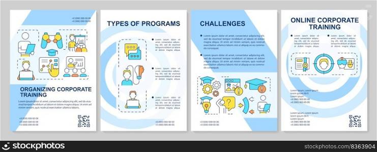 Planning corporate training program blue brochure template. Issues. Leaflet design with linear icons. Editable 4 vector layouts for presentation, annual reports. Arial, Myriad Pro-Regular fonts used. Planning corporate training program blue brochure template
