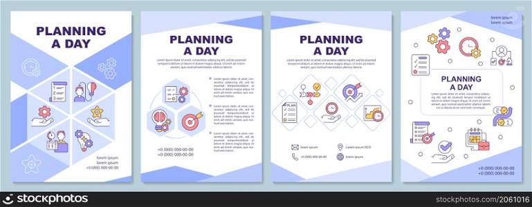 Planning day purple brochure template. Life balance. Booklet print design with linear icons. Vector layouts for presentation, annual reports, ads. Arial-Black, Myriad Pro-Regular fonts used. Planning day purple brochure template
