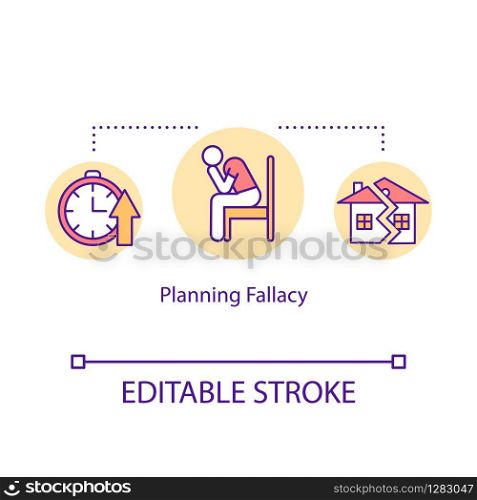 Planning fallacy concept icon. Deadline missing idea thin line illustration. Poor time management problem and mistake. Failure, life trouble. Vector isolated outline RGB color drawing. Editable stroke