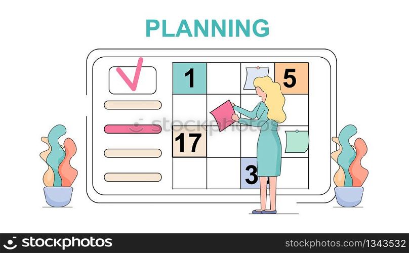 Planning Horizontal Banner. Businesswoman Developer Planning Weekly Meeting Schedule in Office on Task Board with Stickers Notes and To Do List. Business Woman. Linear Cartoon Flat Vector Illustration. Woman Planning Weekly Meeting Schedule Task Board.