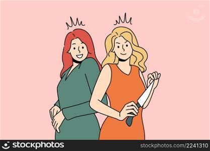 Planning murder and revenge concept. Smiling women standing holding kitchen knife trying sharpness of kitchen knife in her hands vector illustration . Planning murder and revenge concept