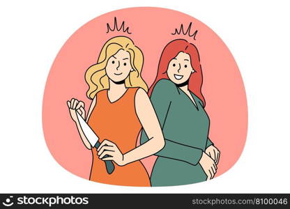 Planning murder and revenge concept. Smiling women standing holding kitchen knife trying sharpness of kitchen knife in her hands vector illustration. Planning murder and revenge concept