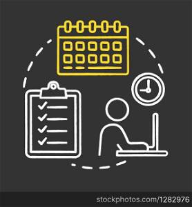 Planning period chalk RGB color concept icon. Calendar check. Self-building businessman. Checklist for project. Scheduling work idea. Vector isolated chalkboard illustration on black background