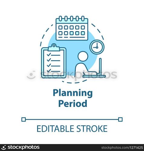 Planning period concept icon. Self-building businessman. Goal progress, education. Scheduling work idea thin line illustration. Vector isolated outline RGB color drawing. Editable stroke