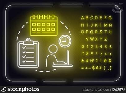 Planning period neon light concept icon. Company strategy check. Scheduling work idea. Outer glowing sign with alphabet, numbers and symbols. Vector isolated RGB color illustration