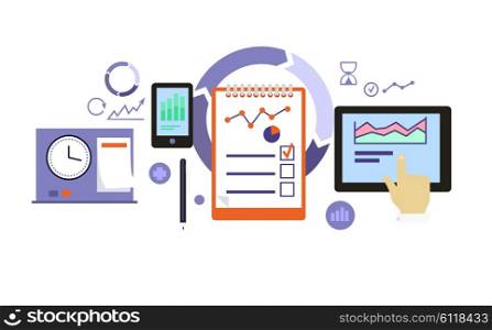 Planning process icon flat design. Business development, management project, marketing organization, service and strategy, information and data, workflow and optimization illustration