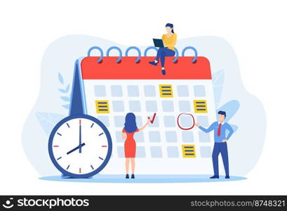 Planning schedule, business event and calendar concept. People with schedule, pen and notes organize meeting. Planning strategy and time management. Vector illustration in flat style. little people characters make an online schedule