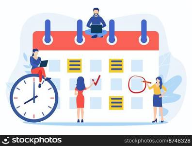 Planning schedule, business event and calendar concept. People with schedule, pen and notes organize meeting. Planning strategy and time management. Vector illustration in flat style. little people characters make an online schedule