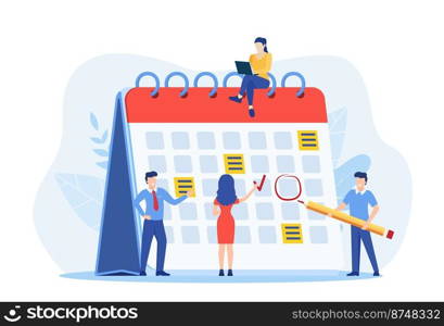 Planning schedule, business event and calendar concept. People with schedule, pen and notes organize meeting. Planning strategy and time management. Vector illustration in flat style. little people characters make an online schedule