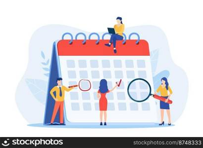 Planning schedule, business event and calendar concept. People with schedule, pen and notes organize meeting. Planning strategy and time management. Vector illustration in flat style. little people characters make an online schedule