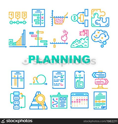 Planning Startup Project Strategy Icons Set Vector. Check List With Task And Calendar With Deadline Date For Planning Goal, Success Achievement And Financial Deposit Line. Color Illustrations. Planning Startup Project Strategy Icons Set Vector