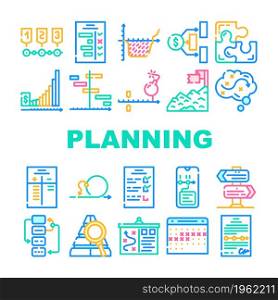 Planning Startup Project Strategy Icons Set Vector. Check List With Task And Calendar With Deadline Date For Planning Goal, Success Achievement And Financial Deposit Line. Color Illustrations. Planning Startup Project Strategy Icons Set Vector