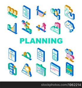Planning Startup Project Strategy Icons Set Vector. Check List With Task And Calendar With Deadline Date For Planning Goal, Success Achievement And Financial Deposit Isometric Sign Color Illustrations. Planning Startup Project Strategy Icons Set Vector