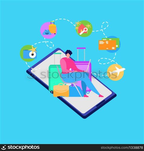 Planning Summer Vacation Travel Flat Vector. Tourist with Baggage Using Laptop to Chose and Order Travel Agency Services, Booking Airline Tickets Online, Reserving Hotel Room in Internet Illustration