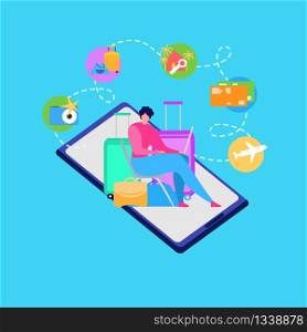 Planning Summer Vacation Travel Flat Vector. Tourist with Baggage Using Laptop to Chose and Order Travel Agency Services, Booking Airline Tickets Online, Reserving Hotel Room in Internet Illustration