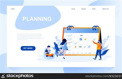 Planning vector landing page template with header. Online calendar homepage design with flat illustrations. Time management, optimization and organisation. Business schedule design layout. Planning vector landing page template with header. Online calendar homepage design with flat illustrations