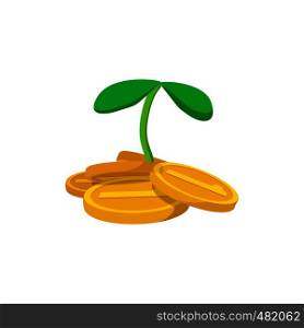 Plant and coins cartoon icon. Sprout with coins. Charity symbol on a white background. Plant and coins cartoon icon