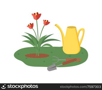 Plant and tools vector, flower isolated watering can and instrument for maintenance of flora, blooming eco herb, blossom of spring on field flat style. Blooming Plant and Tools for Cultivation Vector