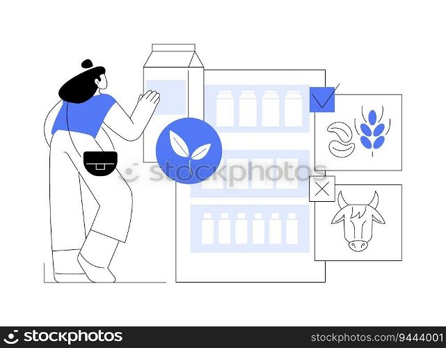 Plant-based milk abstract concept vector illustration. Woman choosing plant milk in grocery store, ecology and health care, sustainable food packaging, genetic engineering abstract metaphor.. Plant-based milk abstract concept vector illustration.