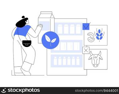 Plant-based milk abstract concept vector illustration. Woman choosing plant milk in grocery store, ecology and health care, sustainable food packaging, genetic engineering abstract metaphor.. Plant-based milk abstract concept vector illustration.