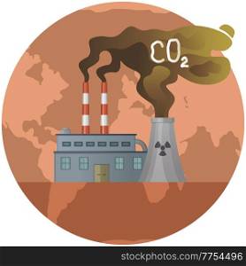 Plant emits smoke and smog from pipes. Pollutants enter atmosphere. Environmental disaster. Harmful emissions. Exhaust gases. Carbon dioxide emissions into air. Dried, hot and red planet globe. Dried, hot and red planet globe. Plant emits smoke and smog from pipes. Pollutants enter atmosphere