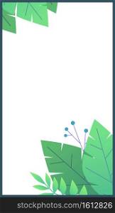 Plant flat minimal template for stories. Green leaves and berries on white background, summer botanical frame with copy space for social media posts, trendy design poster vector vertical illustration. Plant flat minimal template for stories. Green leaves and berries on white background, botanical frame with copy space for social media posts, trendy poster vector vertical illustration