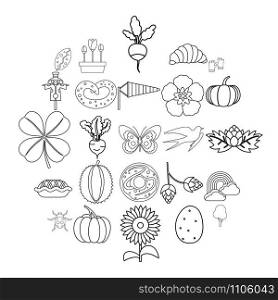 Plant food icons set. Outline set of 25 plant food vector icons for web isolated on white background. Plant food icons set, outline style