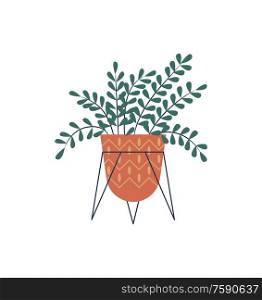 Plant for room decoration vector, houseplant placed in pot, flat style flora. Flower for house, foliage in container for herbs growth, isolated decor. Room Plant Placed in Special Stand on Pot Isolated