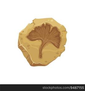 Plant fossil, ancient stone ginkgo leaf imprint. Cartoon brown rock with Jurassic jungle forest tree foliage silhouette. Vector paleontology, prehistoric nature and flora themes, ginkgo leaf fossil. Plant fossil, ancient stone ginkgo leaf imprint