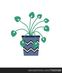 Plant growing in container for flowers vector, isolated houseplant with long stems and foliage. Frondage of botany, flora for home decoration flat style. House Plant in Pot With Zig Zag Ornaments Isolated