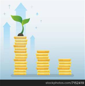 plant growth on coins graph, startup business concept vector illustration