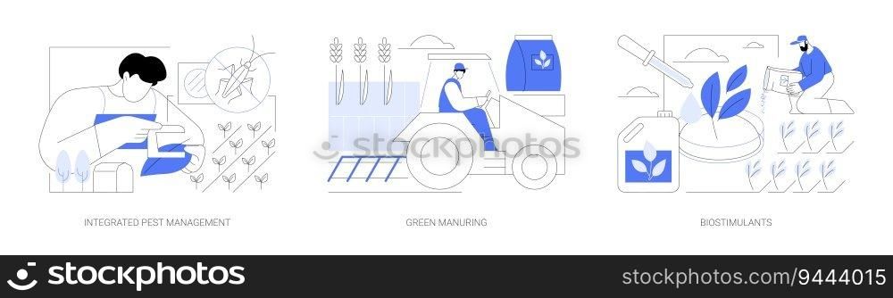 Plant health products abstract concept vector illustration set. Integrated pest management, green manuring in sustainable agriculture, biostimulants for plants growing abstract metaphor.. Plant health products abstract concept vector illustrations.