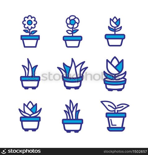 plant in flower pot icon set, color style design