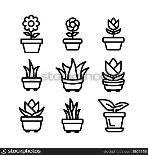 plant in flower pot icon set, line art design editable stroke