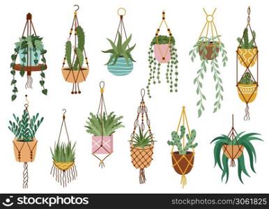 Plant in hanging pots. Houseplant hang on rope, decorative indoor plants, macrame flower pots, home potted plants vector illustration icons set. Handmade hangers for flower decoration. Plant in hanging pots. Houseplant hang on rope, decorative indoor plants, macrame flower pots, home potted plants vector illustration icons set