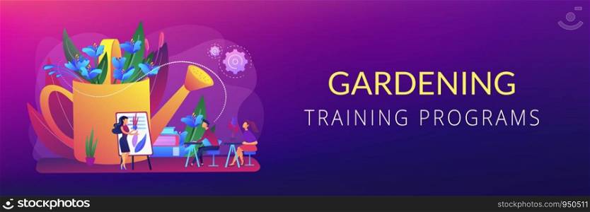 Plant nursery, floristry courses, housekeeping lesson. Garden workshop, gardening training programs, organic gardening experts here concept. Header or footer banner template with copy space.. Garden workshop concept banner header