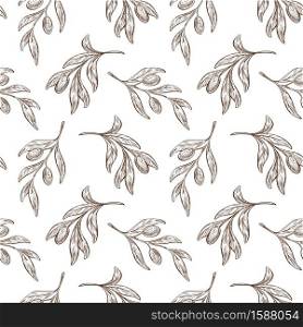 Plant, olive branch with leaves seamless pattern, Greek product, farming or growing vector. Harvest and botany, vegetarian organic food endless texture. Cuisine or culinary, natural ingredient. Olive branch seamless pattern, plant and Greek product