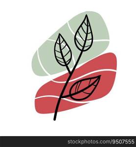 Plant on background of colored spots. Black botanical branch and grey and red geometric abstract pattern in a minimalist style. Line Doodle object. Plant on background of colored spots.
