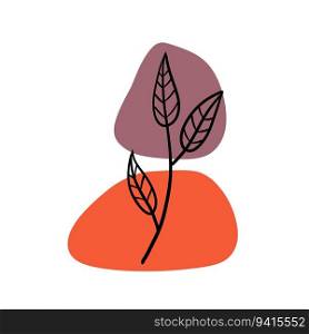 Plant on background of colored spots. Black botanical branch and purple and red geometric abstract pattern in a minimalist style. Line Doodle object. Plant on background of colored spots.