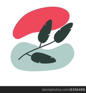 Plant on background of colored spots. Black botanical branch and red and gray geometric abstract pattern in a minimalist style. Doodle object. Plant on background of colored spots.