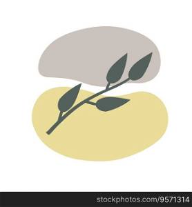Plant on background of colored spots. Grey botanical branch and purple and yellow geometric abstract pattern in a minimalist style. Doodle object. Plant on background of colored spots.